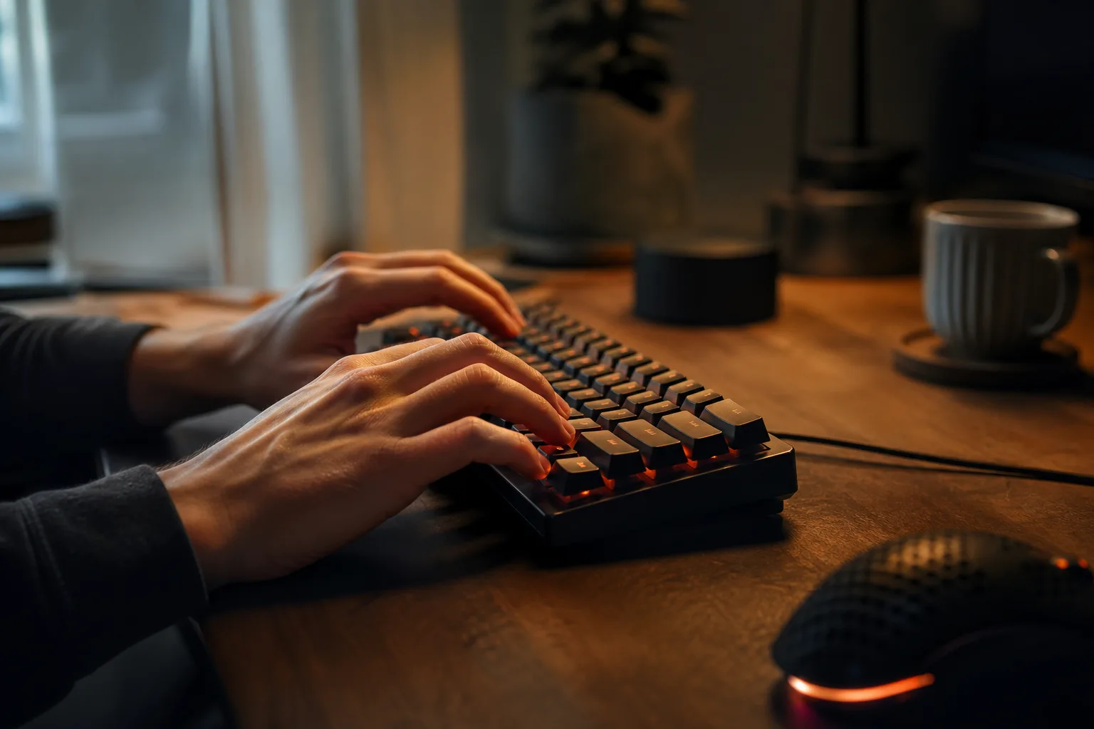 Kompakt mekaniskt tangentbord i ett spelhörn med dämpad belysning.