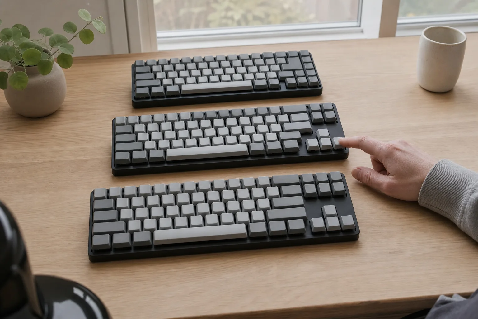 Tre kompakta mekaniska tangentbord utan sifferblock på ett skrivbord.