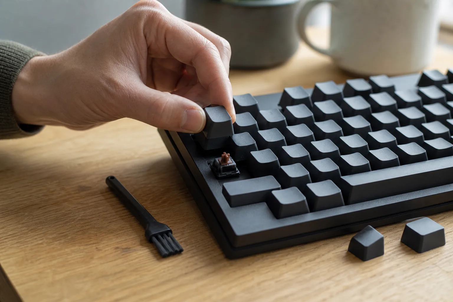 En avlyft keycap visar switchen under en tangent som undersöks.