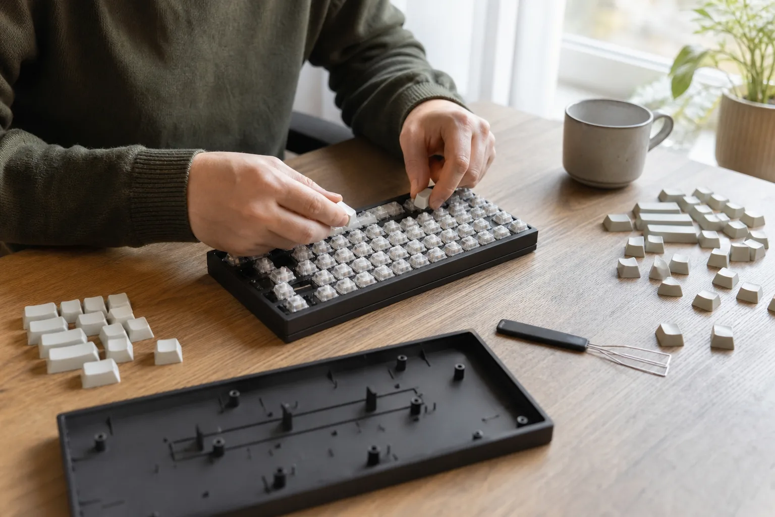 Händer monterar switchar i ett mekaniskt tangentbord utan keycaps.