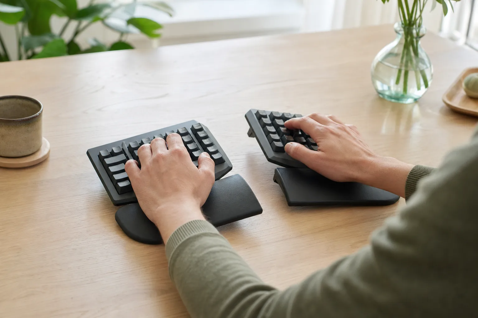 Delat ergonomiskt mekaniskt tangentbord med två handledsstöd.