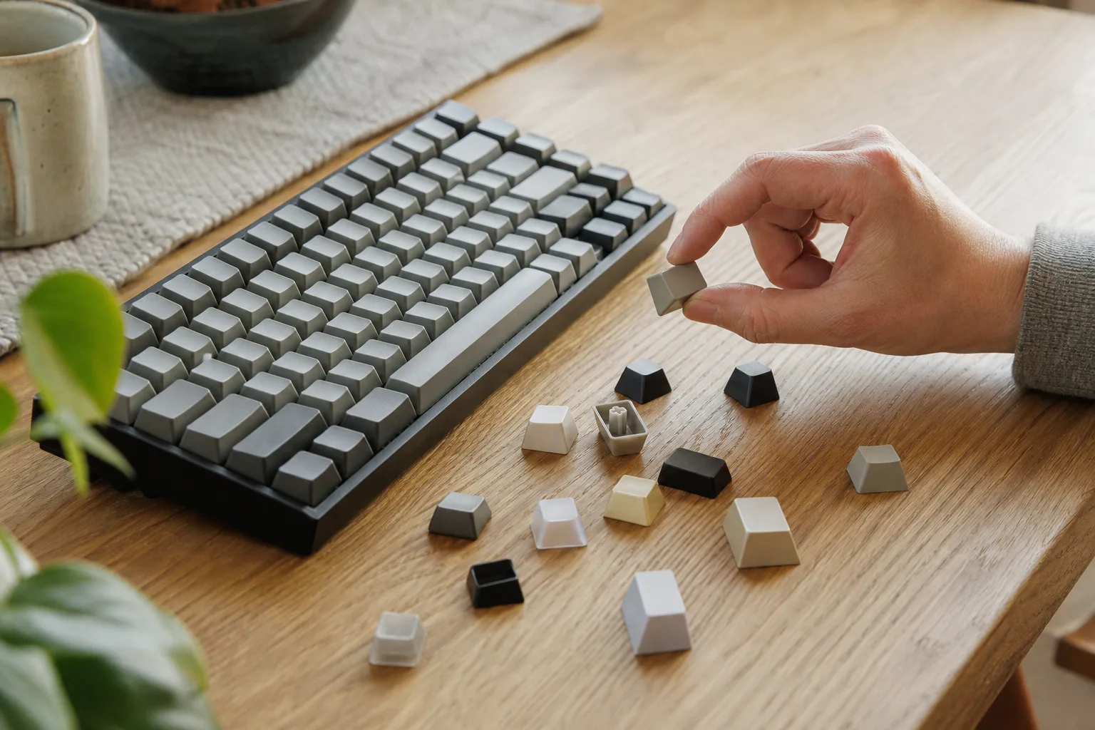 Lösa keycaps jämförs med ett mekaniskt tangentbords nedersta rad.