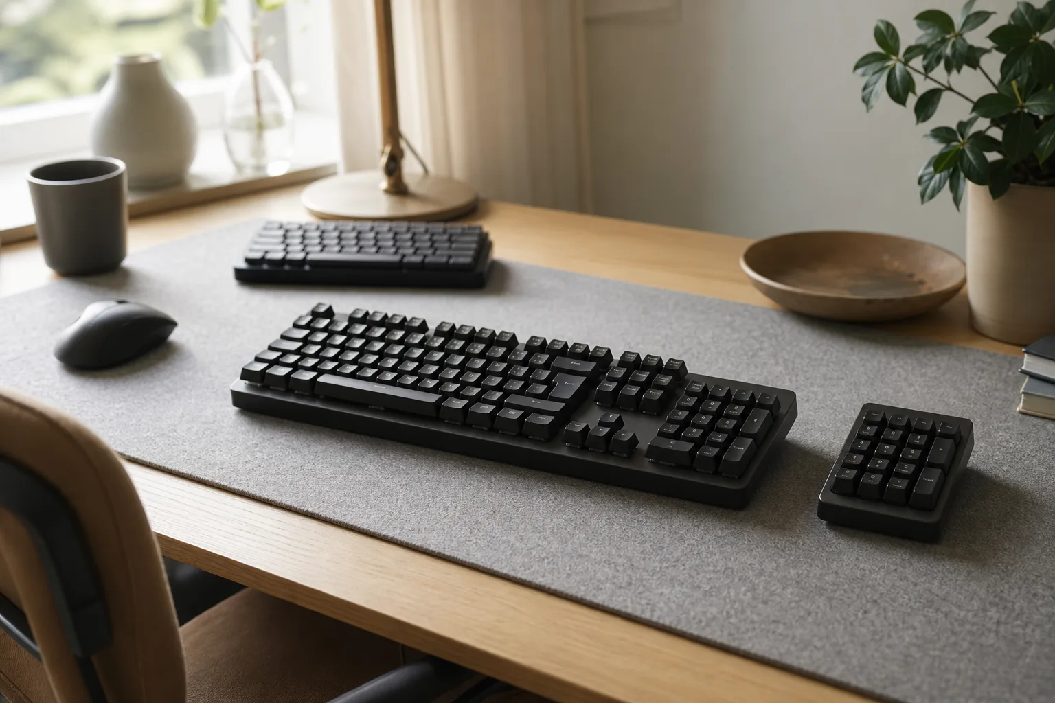 Fullstort tangentbord med sifferblock bredvid ett separat numeriskt tangentbord.