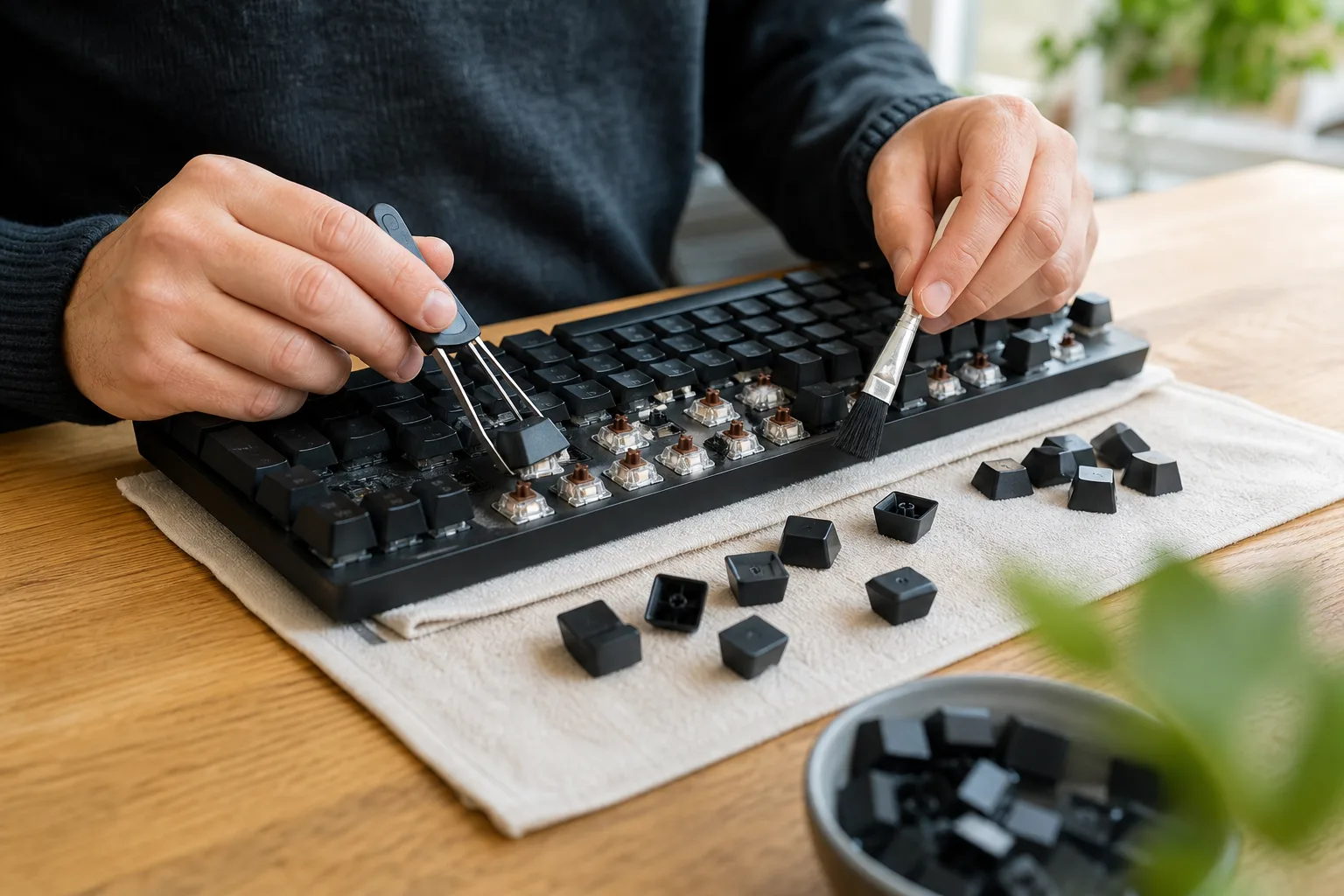 Keycap-avdragare och pensel används på ett mekaniskt tangentbord.