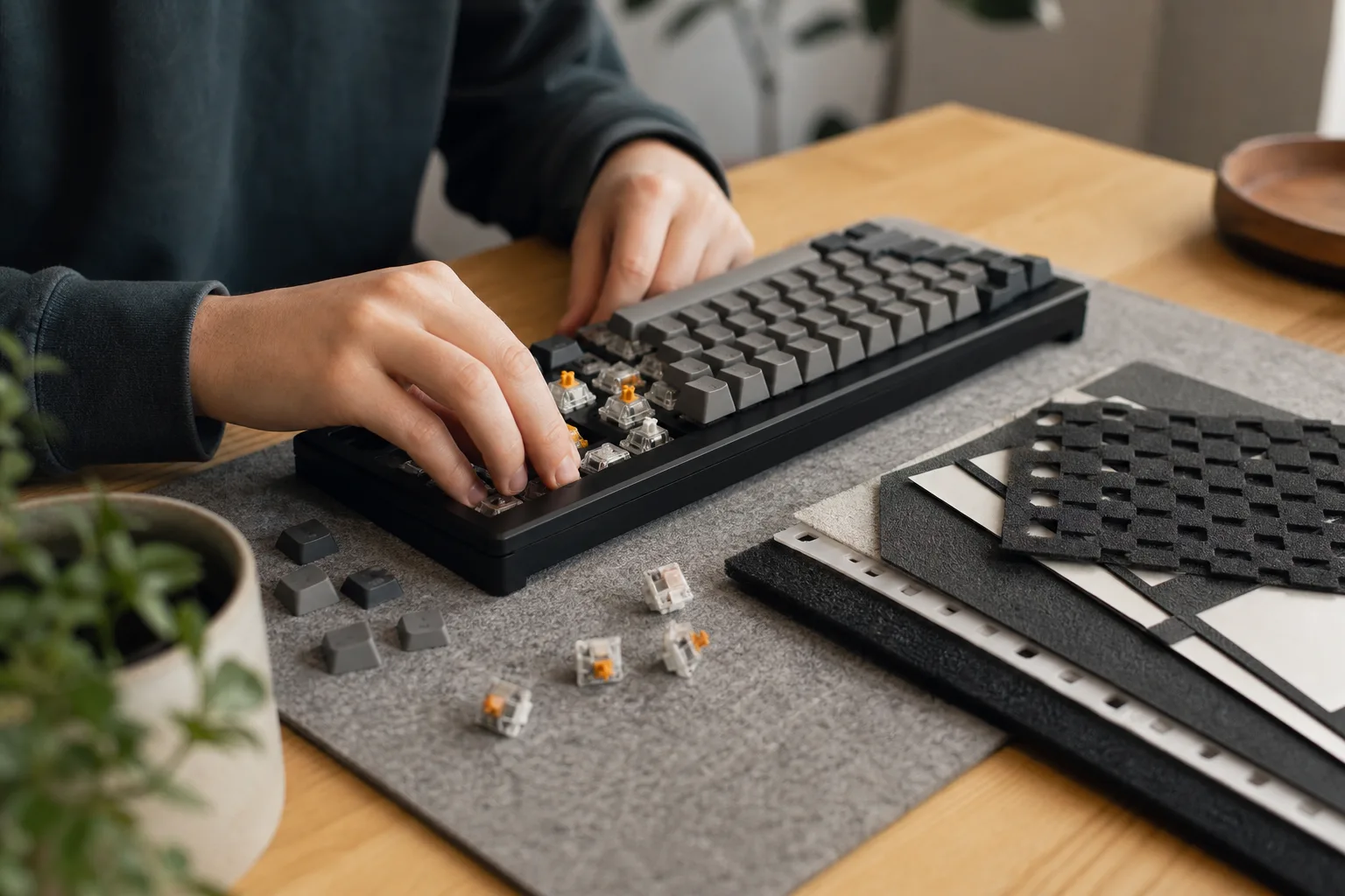 Mekaniskt tangentbord med synliga switchar och dämpmaterial på ett skrivbord.