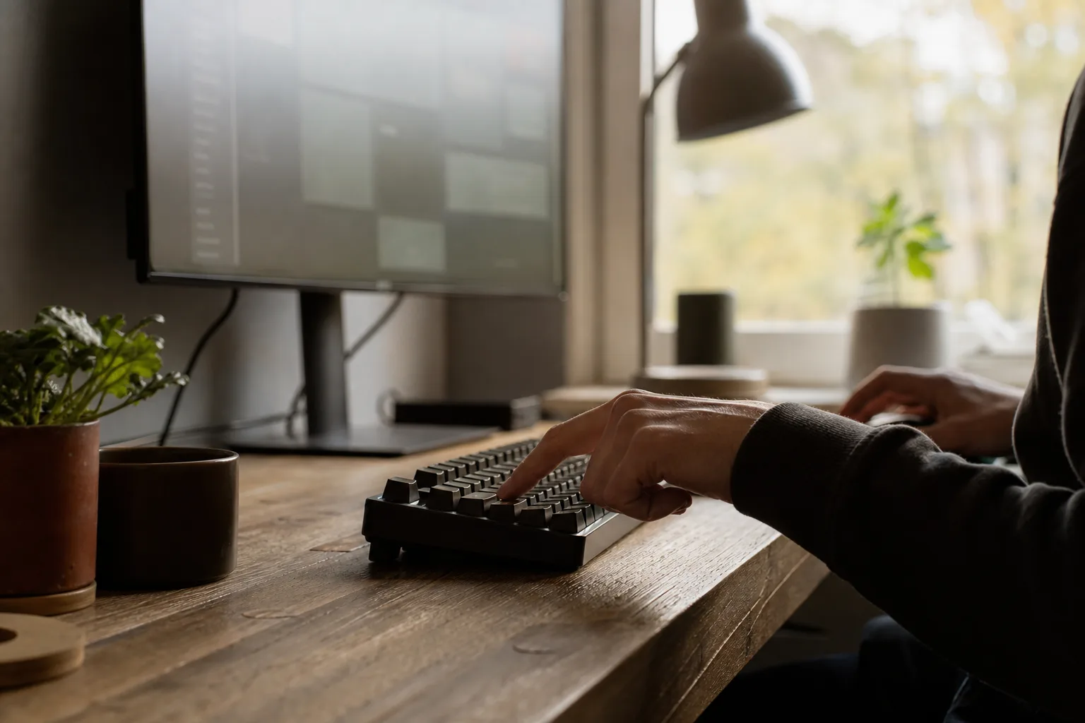 Mekaniskt tangentbord framför en suddig inställningsvy på skärmen.