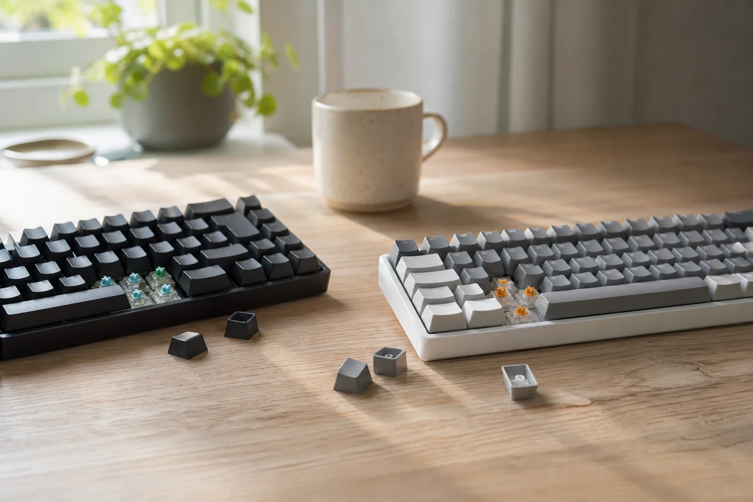 Två tangentbord med avlyfta keycaps och synliga switchar.