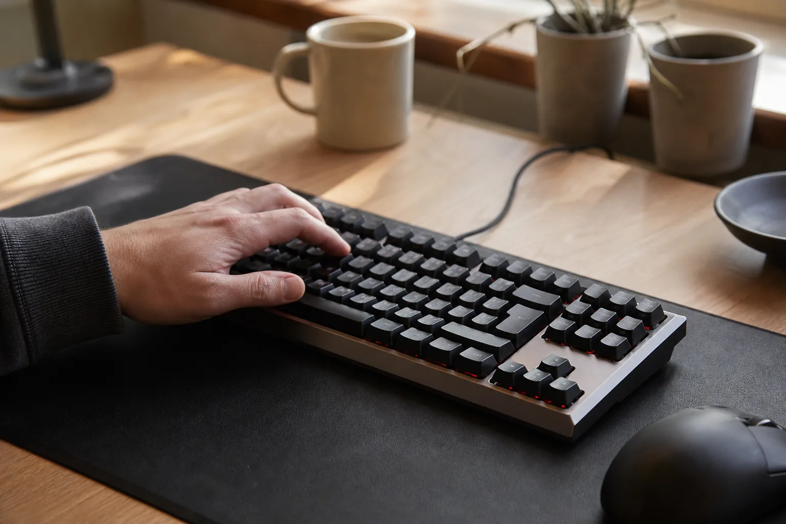 Neutralt mekaniskt TKL-tangentbord med synlig metallram.