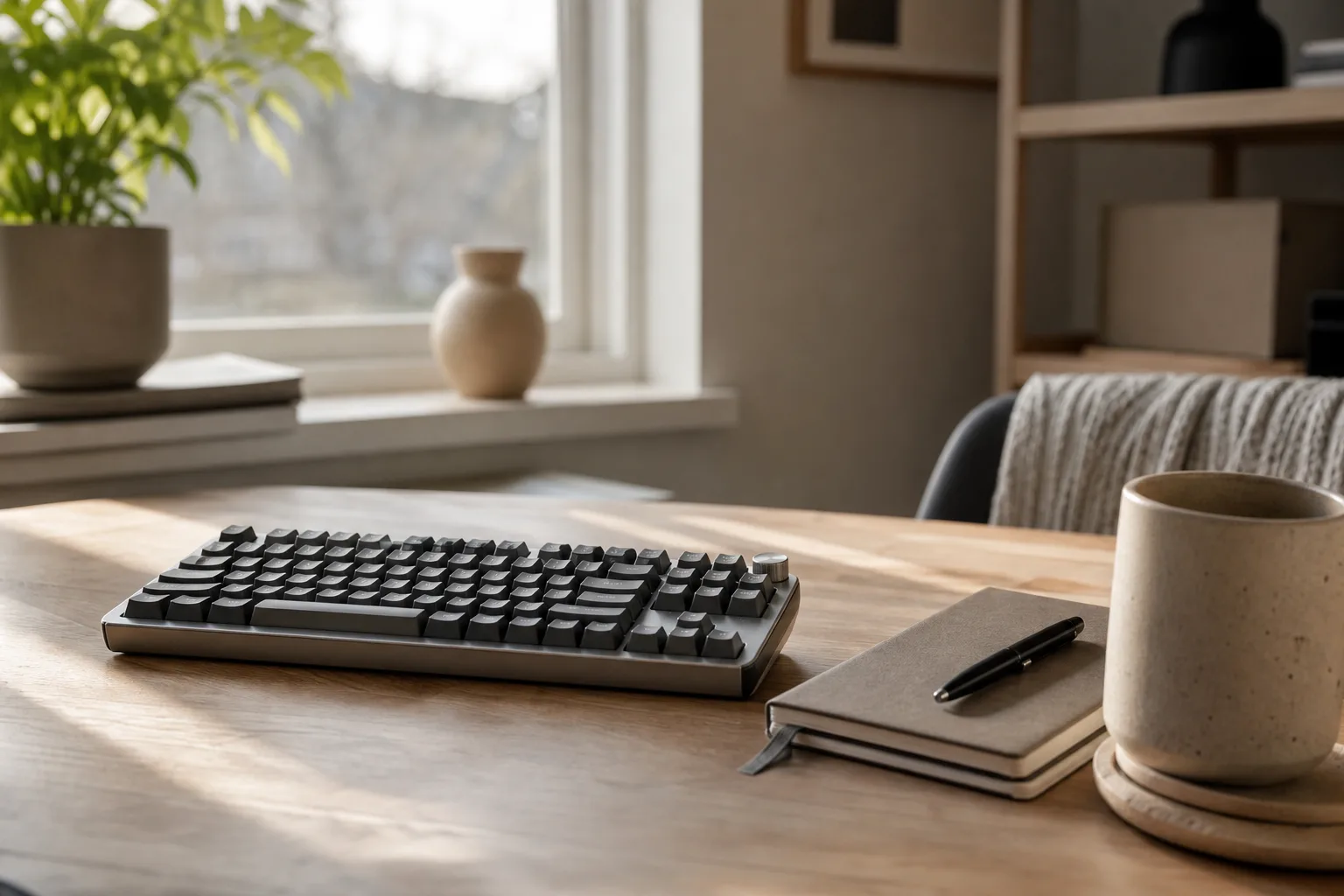 Neutralt mekaniskt tangentbord i 75-procentigt format med metallram.