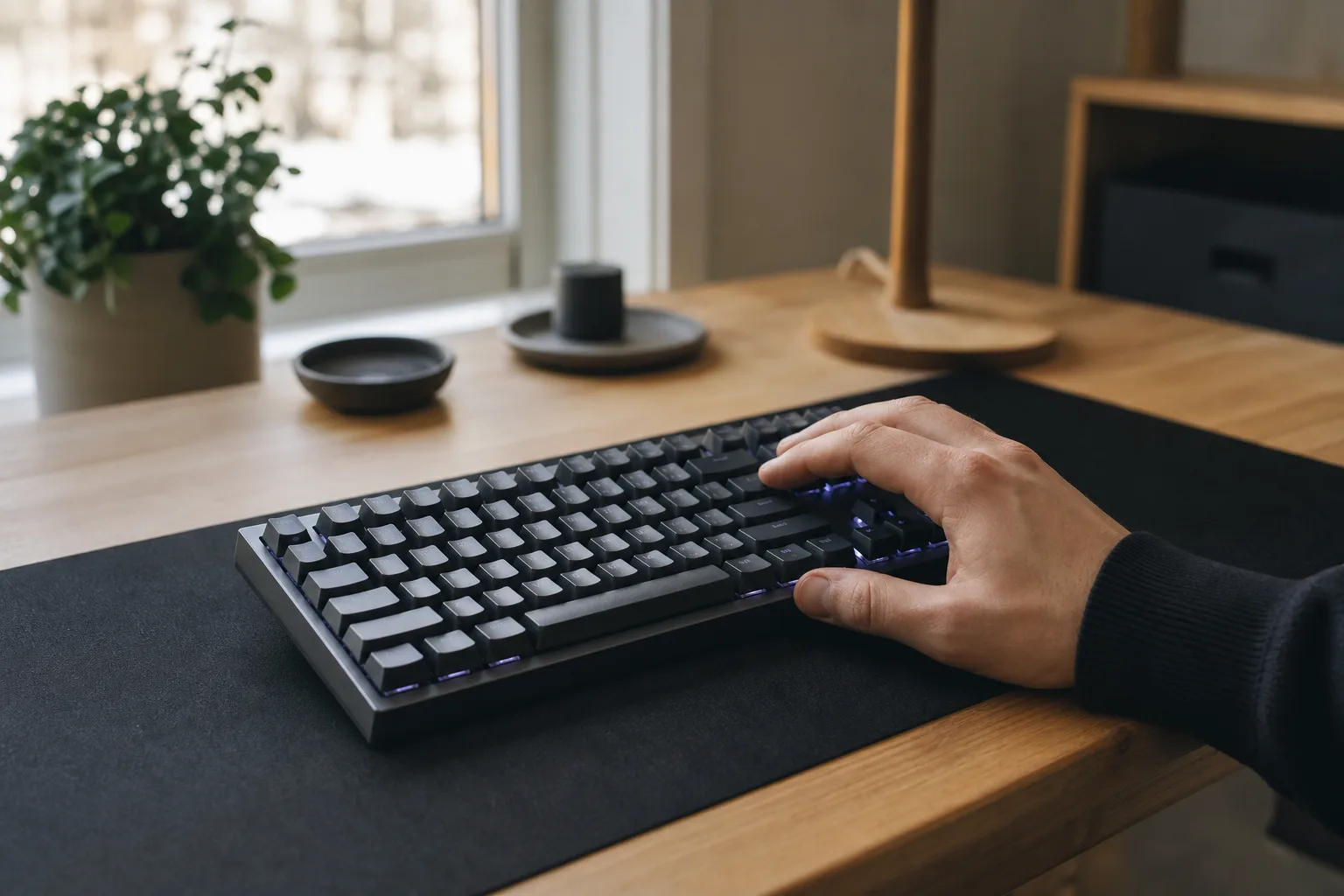 Neutralt TKL-tangentbord med diskret belysning på ett spelskrivbord.