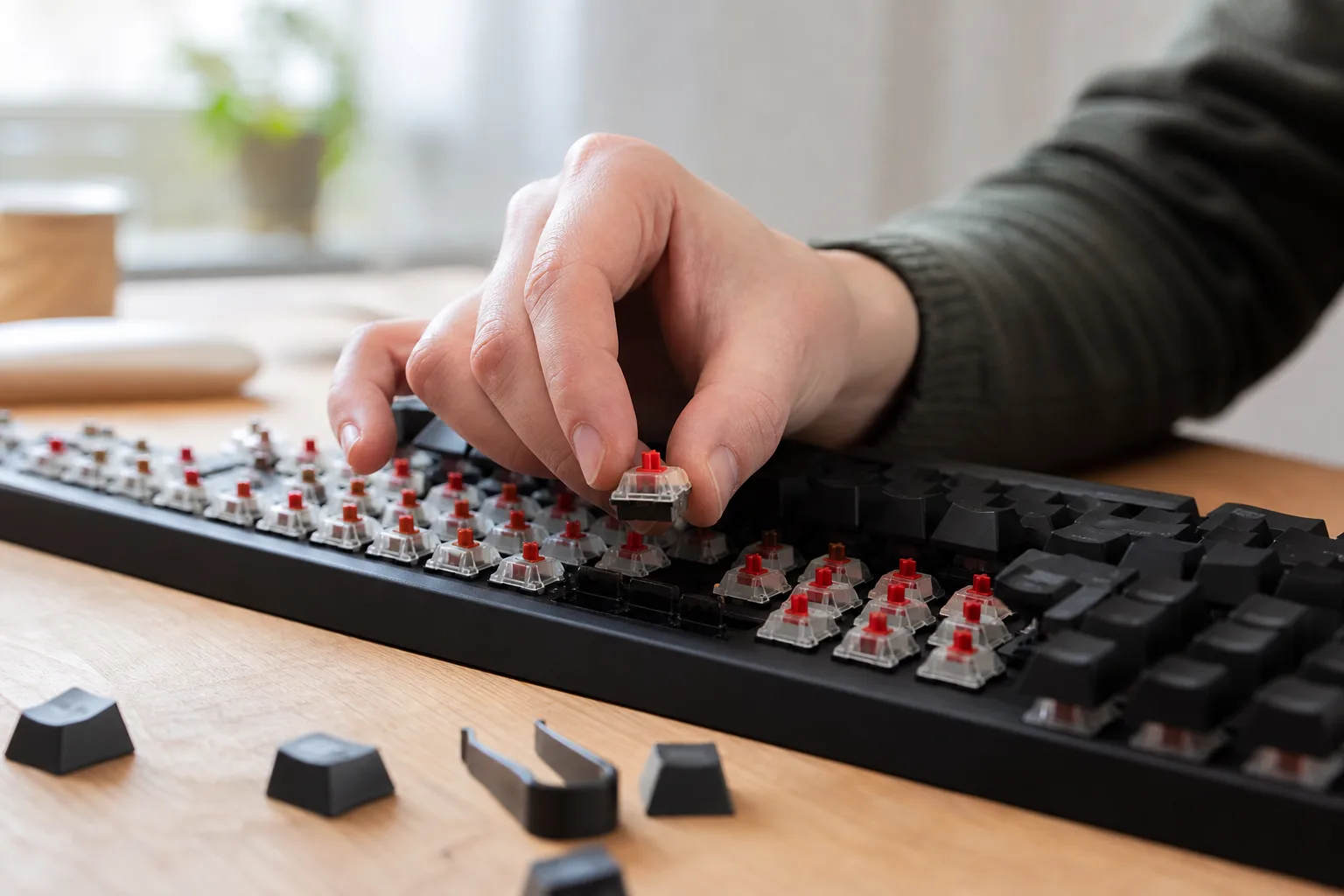 En switch lyfts ur ett mekaniskt tangentbord med avlyfta keycaps.