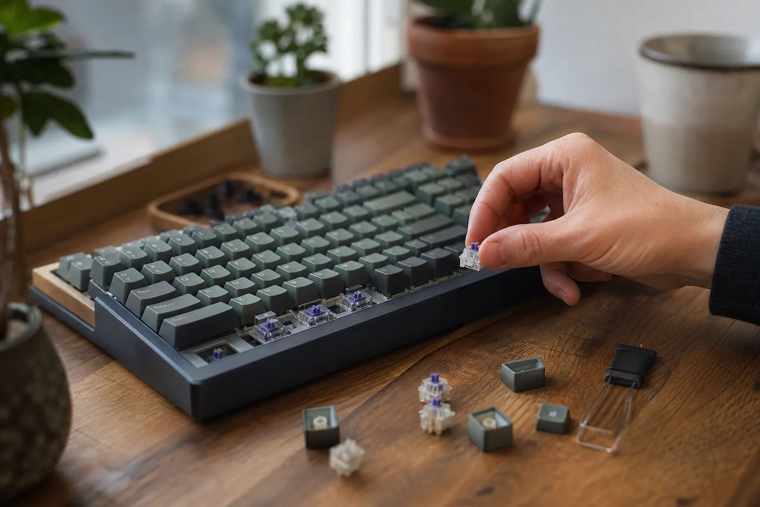 Mekaniskt tangentbord med avlyfta keycaps och synliga magnetiska switchar.