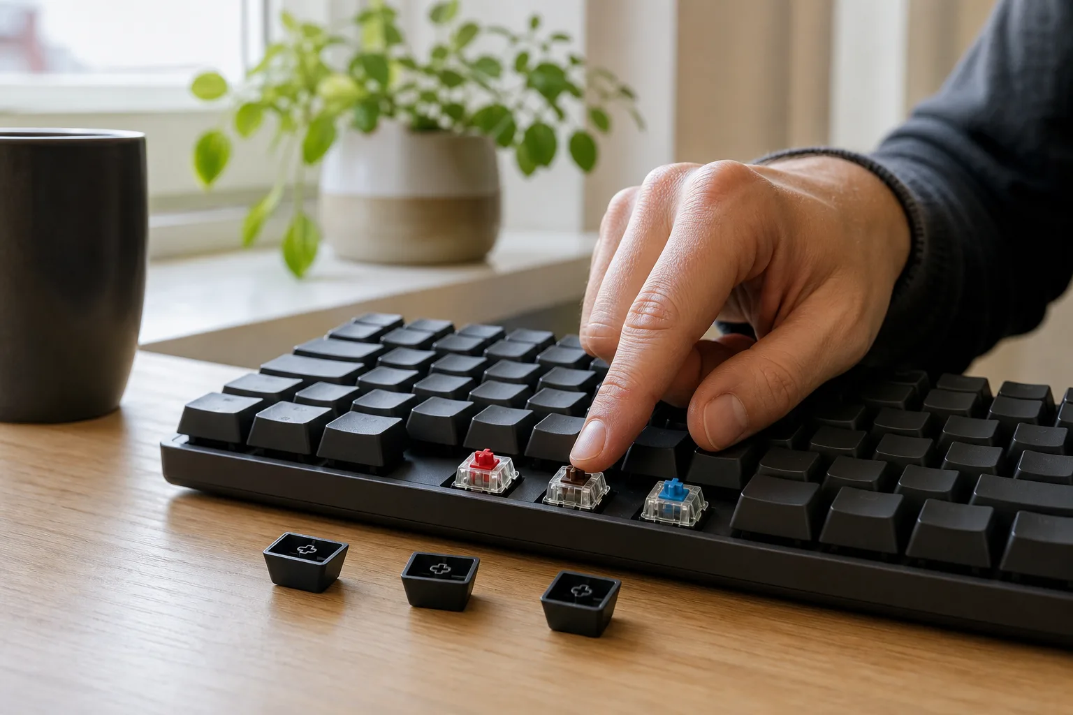 Mekaniskt tangentbord med tre avlyfta keycaps och synliga switchar.